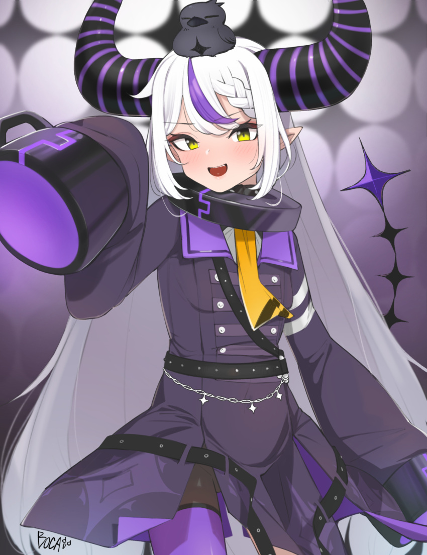 1girl :d animal belt bird blush boca braid buttons coat collar crow double-breasted highres hololive la+_darknesss long_hair looking_at_viewer pantyhose pointy_ears purple_hair sleeves_past_wrists smile solo teeth virtual_youtuber white_hair yellow_eyes