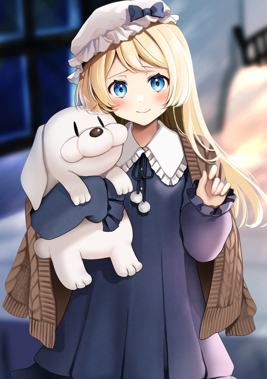 1girl absurdres alternate_costume blonde_hair blue_eyes blush closed_mouth doll_hug dress frilled_dress frilled_legwear frills grey_dress hat highres jervis_(kancolle) kantai_collection long_hair looking_at_viewer mob_cap object_hug sailor_dress solo standing stuffed_animal stuffed_dog stuffed_toy white_headwear yunamaro