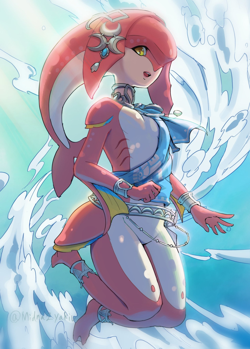 1girl bangs belly_chain blue_background brown_eyes colored_skin fins fish_girl gradient gradient_background gxp hair_ornament highres jewelry long_hair looking_at_viewer mipha monster_girl multicolored_skin pointy_ears red_skin single_bare_shoulder smile solo teeth the_legend_of_zelda the_legend_of_zelda:_breath_of_the_wild twitter_username two-tone_skin upper_teeth water yellow_eyes zora