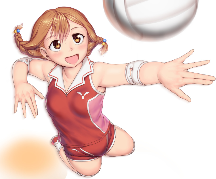 1girl bangs blush braid brown_eyes commentary_request elbow_sleeve from_above hair_between_eyes kneepits light_brown_hair medium_hair open_mouth original orizen outstretched_arm shirt simple_background sleeveless sleeveless_shirt smile solo sportswear twintails volleyball white_background