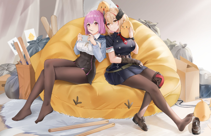2girls animal_on_head azur_lane bangs bird black_footwear black_shirt black_skirt blonde_hair blue_jacket blush bow box breasts brown_bow brown_eyes brown_legwear buttons cardboard_box cellphone center_frills chick chinese_commentary closed_mouth collared_shirt commentary_request cross crossed_legs cushion day double-breasted eyebrows_visible_through_hair fingerless_gloves food food_in_mouth frills full_body gloves gridman_universe hair_between_eyes hand_up headgear high-waist_skirt holding holding_phone indoors iron_cross jacket knee_pads large_breasts long_sleeves looking_at_another manjuu_(azur_lane) multicolored_hair multiple_girls necktie official_alternate_costume on_head open_clothes open_jacket pantyhose phone pink_hair playing_games pocky qing_wu red_eyes red_necktie redhead roon_(azur_lane) school_uniform shadow shinjou_akane shinjou_akane_(a_vacation_just_for_two) shirt shoes short_hair short_sleeves sidelocks single_fingerless_glove single_knee_pad single_shoe sitting skirt sleeveless sleeveless_shirt smartphone smile ssss.gridman streaked_hair trash_bag white_shirt wristband