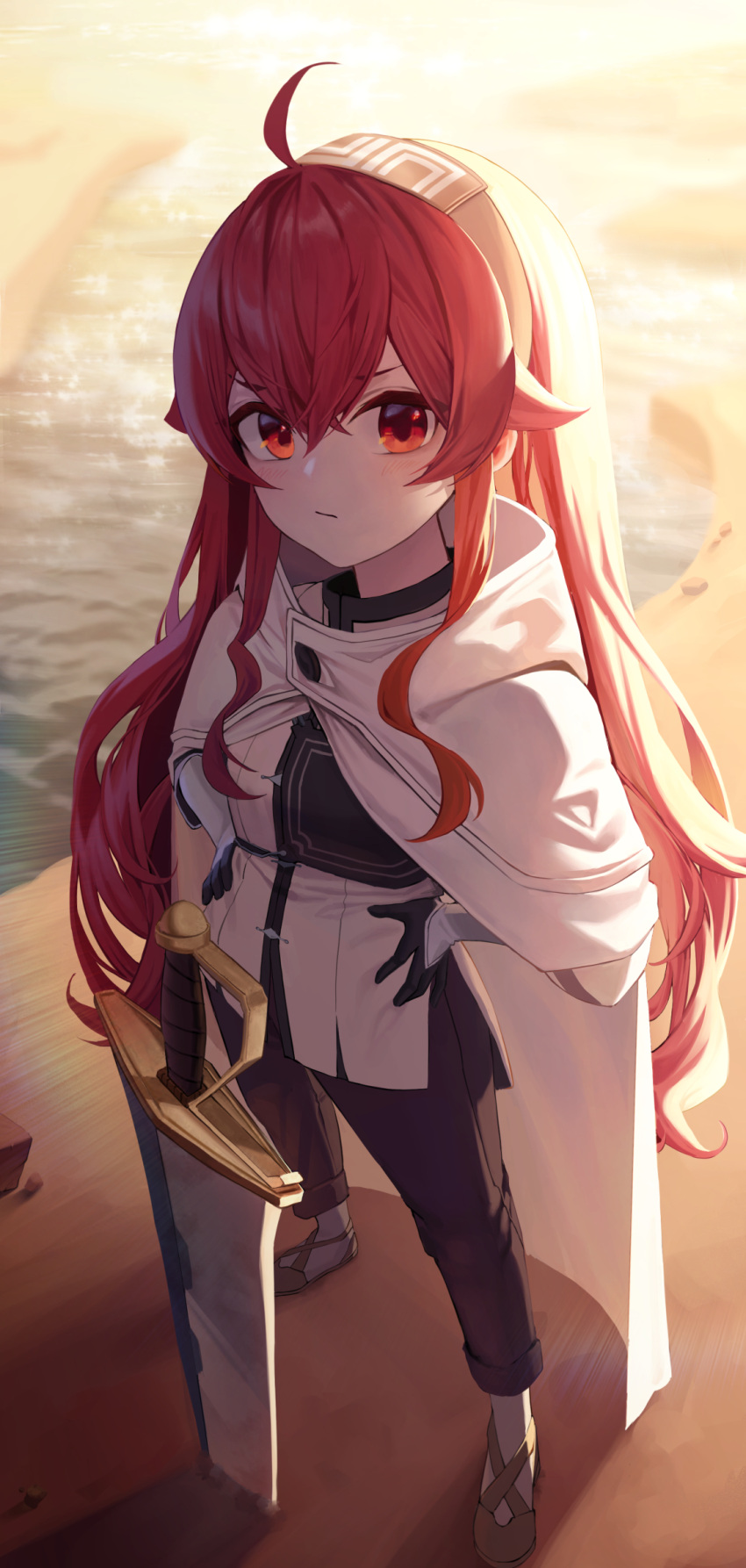 1girl ahoge blush brown_pants cape eris_greyrat hair_between_eyes highres long_hair looking_at_viewer mansu_(user_pnmp4287) mushoku_tensei pants planted planted_sword red_eyes redhead sidelocks solo sword very_long_hair weapon