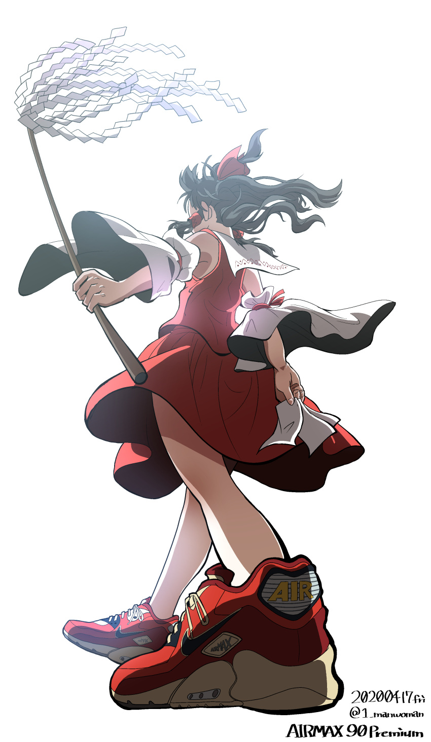 1_manwoman 1girl absurdres black_hair bow commentary_request detached_sleeves gohei hair_bow hair_tubes hakurei_reimu highres nike ofuda ponytail red_bow red_skirt red_vest shoes sidelocks simple_background skirt sneakers sportswear touhou vest white_background white_sleeves wide_sleeves