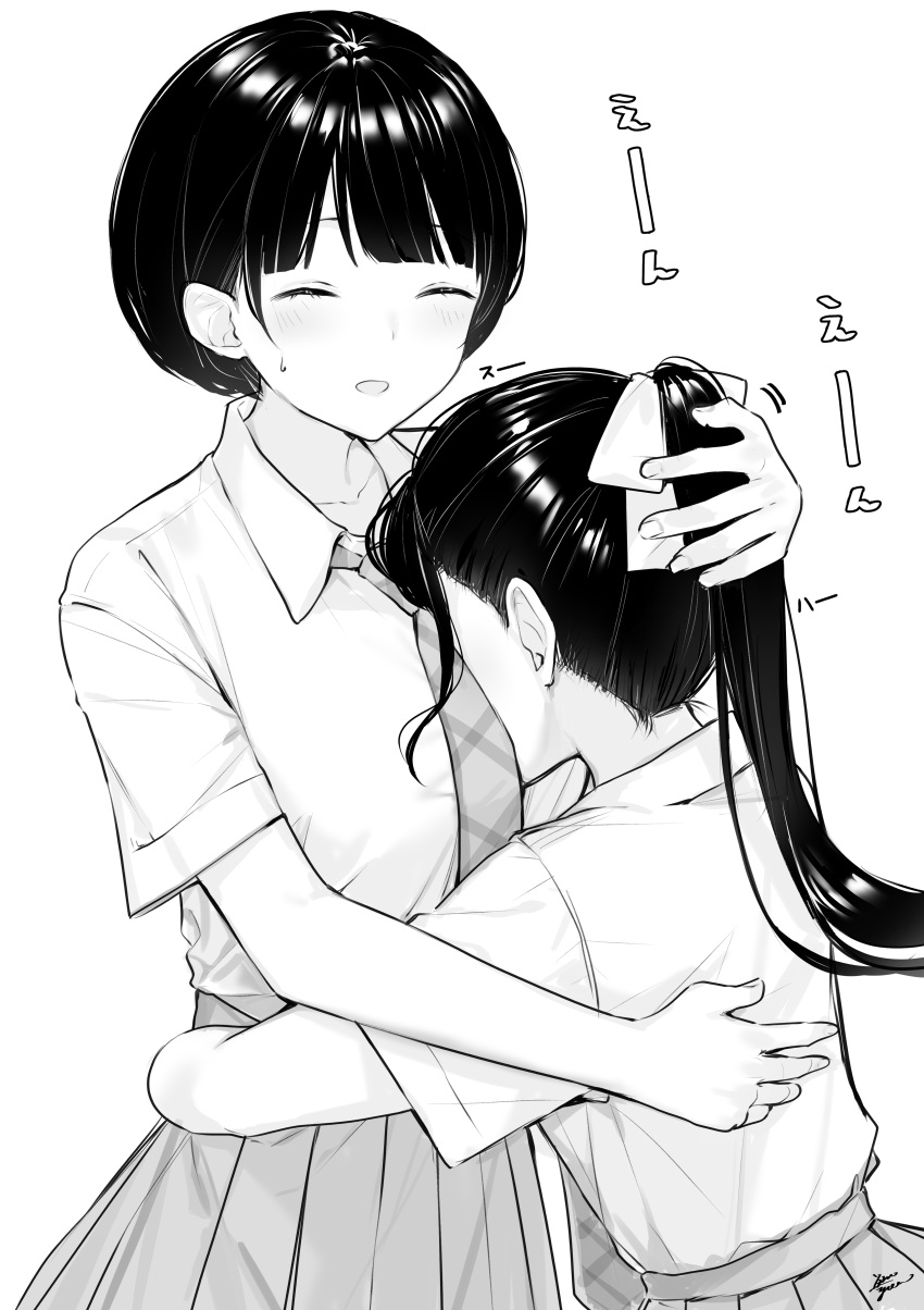 2girls absurdres bangs between_breasts blush bow breasts collared_shirt hair_bow head_between_breasts height_difference highres hug large_breasts long_hair monochrome multiple_girls necktie open_mouth original plaid_necktie pleated_skirt ponytail school_uniform shiny shiny_hair shirt shirt_tucked_in short_hair short_sleeves simple_background skirt takenoko_no_you white_background yuri