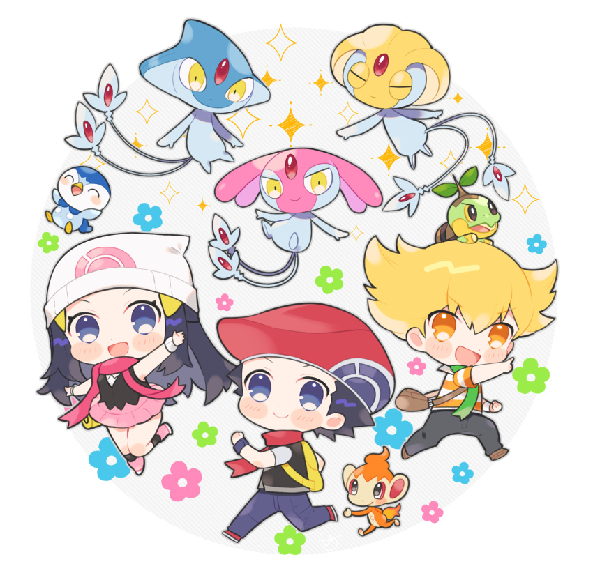 1girl 2boys azelf backpack bag bangs barry_(pokemon) beanie black_hair blonde_hair blush_stickers boots bracelet brown_footwear chibi chimchar closed_mouth commentary_request duffel_bag green_scarf grey_pants hat highres hikari_(pokemon) jacket jewelry leg_up long_hair lucas_(pokemon) mesprit multiple_boys orange_eyes pants pink_footwear pink_skirt piplup pokemon pokemon_(creature) pokemon_(game) pokemon_bdsp red_footwear red_headwear red_scarf scarf shichi_(ponpeex) shirt shoes short_hair short_sleeves skirt sleeveless sleeveless_shirt smile sparkle starter_pokemon_trio striped striped_jacket turtwig uxie white_headwear yellow_bag