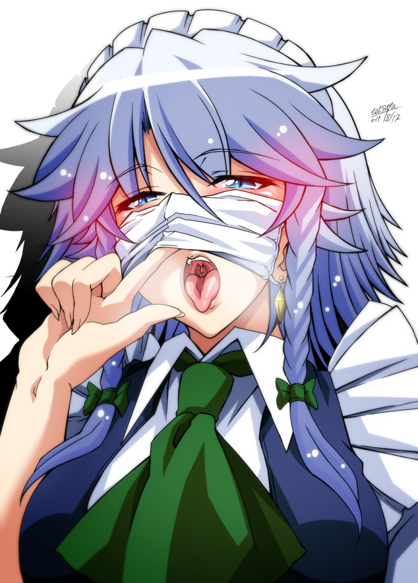 1girl arm_up ascot bangs blue_eyes blue_vest blush collared_shirt commentary_request dated earrings eyebrows_visible_through_hair eyelashes fingernails green_ascot green_neckwear green_ribbon hair_ribbon highres index_finger_raised izayoi_sakuya jewelry looking_at_viewer mask mask_pull medium_hair open_mouth puffy_short_sleeves puffy_sleeves ribbon shiny shiny_hair shirt short_sleeves sidelocks signature silver_hair simple_background solo standing tatsuya_(guild_plus) teeth tongue tongue_out touhou tress_ribbon upper_body upper_teeth uvula vest white_background white_shirt wing_collar