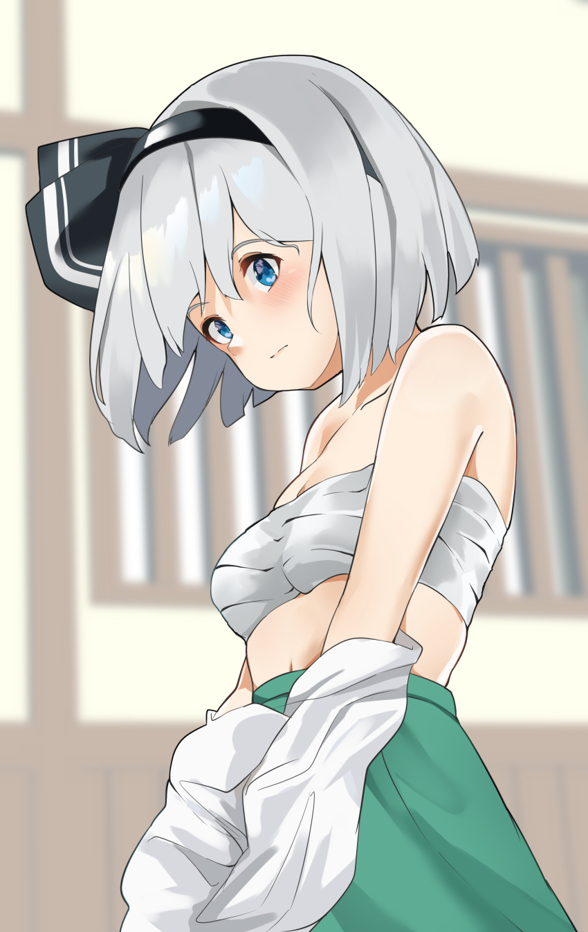 1girl 258n absurdres black_bow black_hairband black_ribbon blue_eyes blush bob_cut bow breasts green_skirt hair_ribbon hairband highres indoors konpaku_youmu long_sleeves looking_at_viewer ribbon sarashi shirt short_hair silver_hair skirt small_breasts solo touhou undressing white_shirt