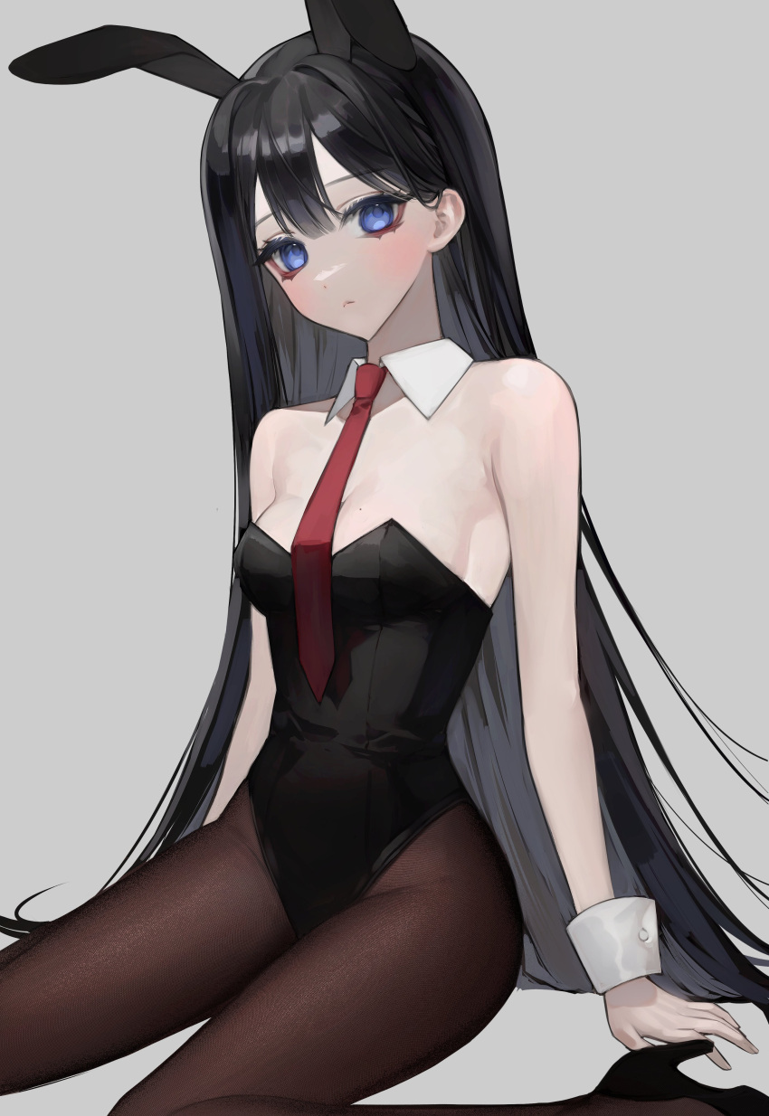 1girl absurdres animal_ears bamme_o3o bangs bare_shoulders black_hair black_leotard blue_eyes breasts brown_legwear copyright_request detached_collar fake_animal_ears frown grey_background highres leotard long_hair looking_at_viewer medium_breasts necktie original pantyhose rabbit_ears red_necktie shiny shiny_hair simple_background sitting solo strapless strapless_leotard wrist_cuffs