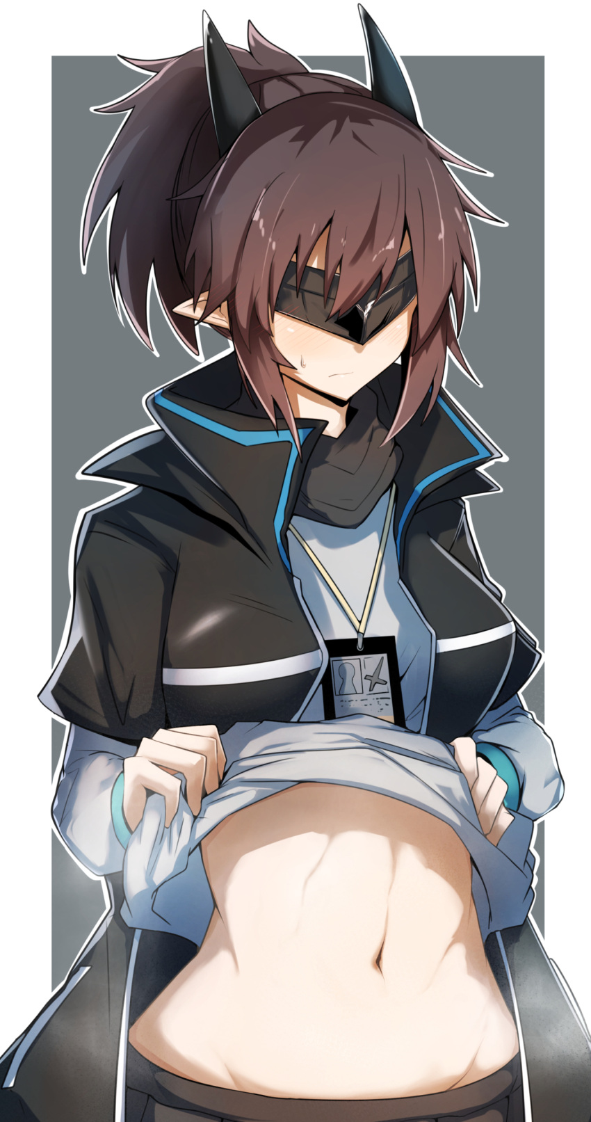 1girl absurdres arknights black_jacket brown_hair clothes_lift gin_moku grey_shirt high_ponytail highres id_card jacket lanyard lifted_by_self long_hair long_sleeves midriff navel open_clothes open_jacket pointy_ears shirt shirt_lift short_sleeves solo sweatdrop yato_(arknights)