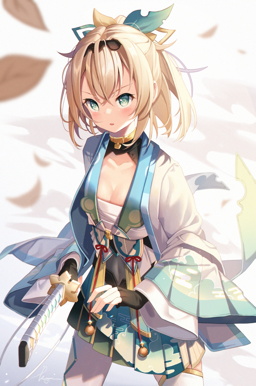 1girl bangs black_gloves black_hairband blonde_hair blue_skirt blush breasts commentary_request cowboy_shot fingerless_gloves gloves green_eyes hair_between_eyes hairband haori highres holding holding_sword holding_weapon hololive japanese_clothes kazama_iroha kuri_(animejpholic) leaf long_sleeves looking_up medium_breasts parted_lips pleated_skirt print_skirt sarashi short_hair signature skirt solo standing sword thigh-highs v-shaped_eyebrows virtual_youtuber weapon white_legwear wind