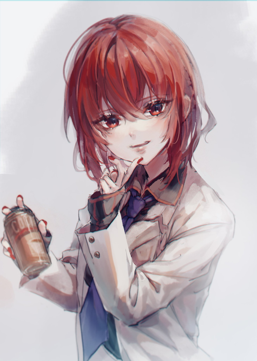 1girl bangs belt black_belt black_shirt breasts buttons can coffee collar collared_jacket collared_shirt drink english_text eyebrows_visible_through_hair eyes_visible_through_hair grey_background hair_between_eyes hand_on_own_face hands_up highres horikawa_raiko jacket long_sleeves looking_at_viewer medium_breasts necktie open_clothes open_jacket open_mouth plaid plaid_shirt purple_necktie red_eyes red_nails redhead shirt shometsu-kei_no_teruru short_hair simple_background skirt smile solo standing teeth touhou white_jacket white_skirt white_sleeves