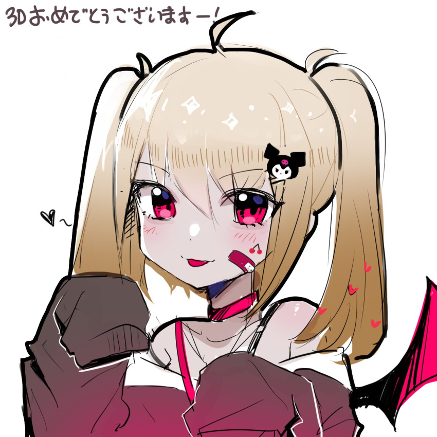 1girl bandaid bandaid_on_face bangs black_sweater blonde_hair blush demon_girl demon_horns eyebrows_visible_through_hair facial_mark hair_ornament highres horns kuromi looking_at_viewer makaino_ririmu mixed-language_commentary nijisanji nun_bora_(artist) off_shoulder onegai_my_melody portrait red_eyes sketch smile solo sweater tongue tongue_out twintails virtual_youtuber