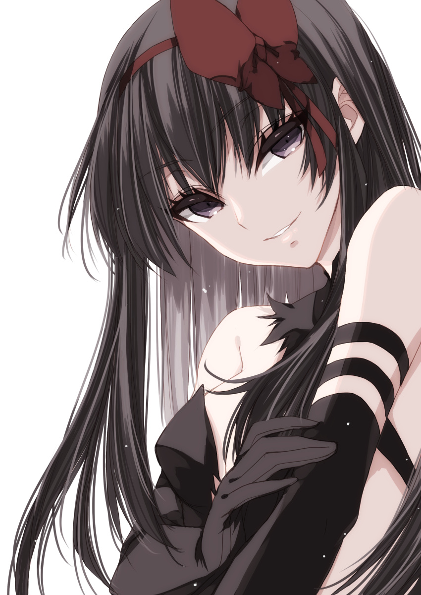 1girl absurdres akuma_homura arm_strap black_choker black_eyes black_gloves black_hair bow breasts choker elbow_gloves gloves hair_bow hairband highres long_hair looking_at_viewer mahou_shoujo_madoka_magica medium_breasts misteor parted_lips red_bow red_hairband simple_background solo upper_body very_long_hair white_background
