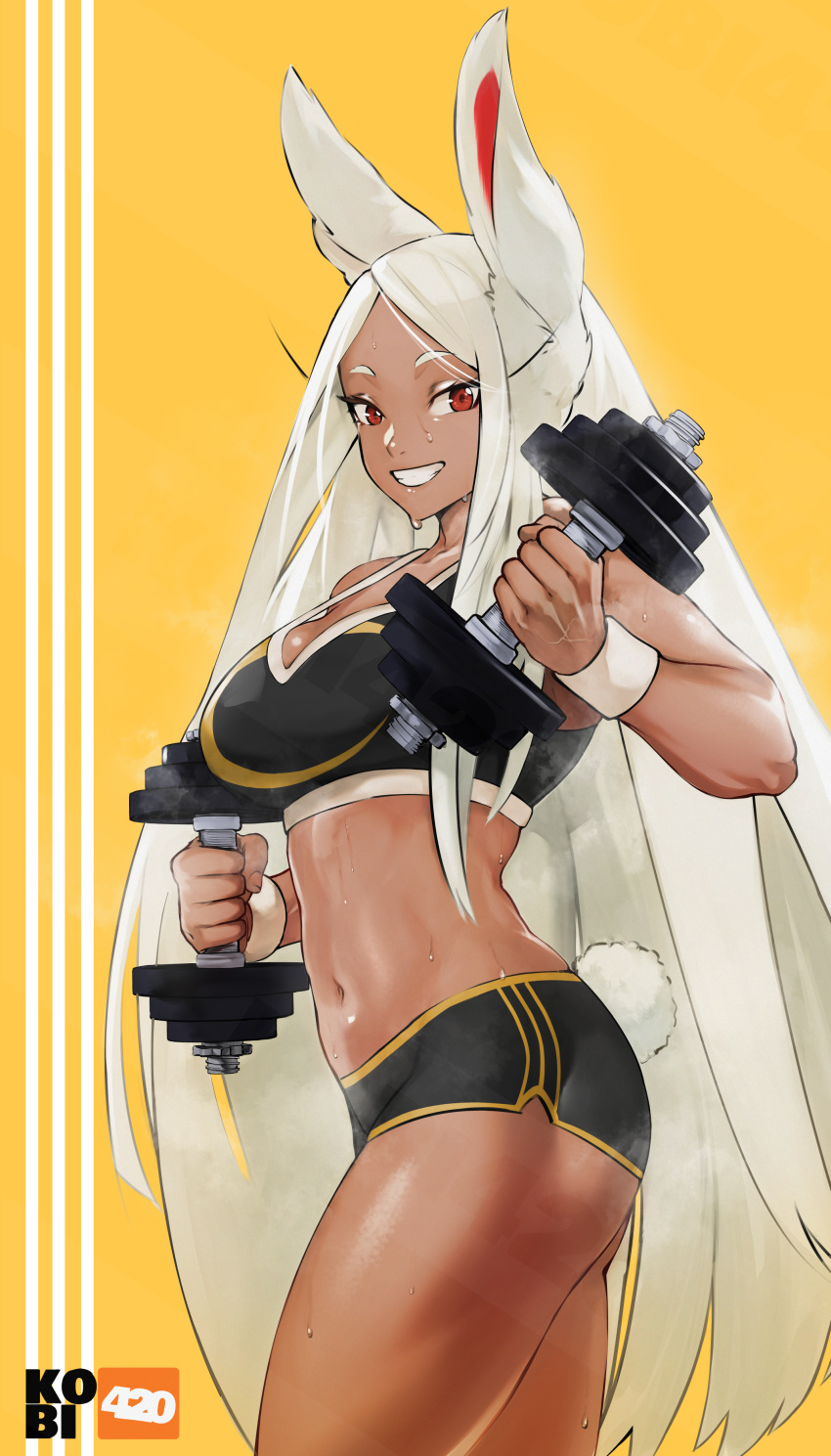 1girl absurdres animal_ears artist_name ass black_bra black_shirt boku_no_hero_academia bra breasts commentary dark-skinned_female dark_skin dumbbell from_side hand_up highres kobi420 long_eyelashes long_hair looking_at_viewer looking_to_the_side medium_breasts mirko navel rabbit_ears rabbit_girl rabbit_tail red_eyes shirt short_shorts shorts smile solo sports_bra sportswear standing steaming_body sweat sweatband tail toned underwear very_long_hair weightlifting white_hair wristband yellow_background