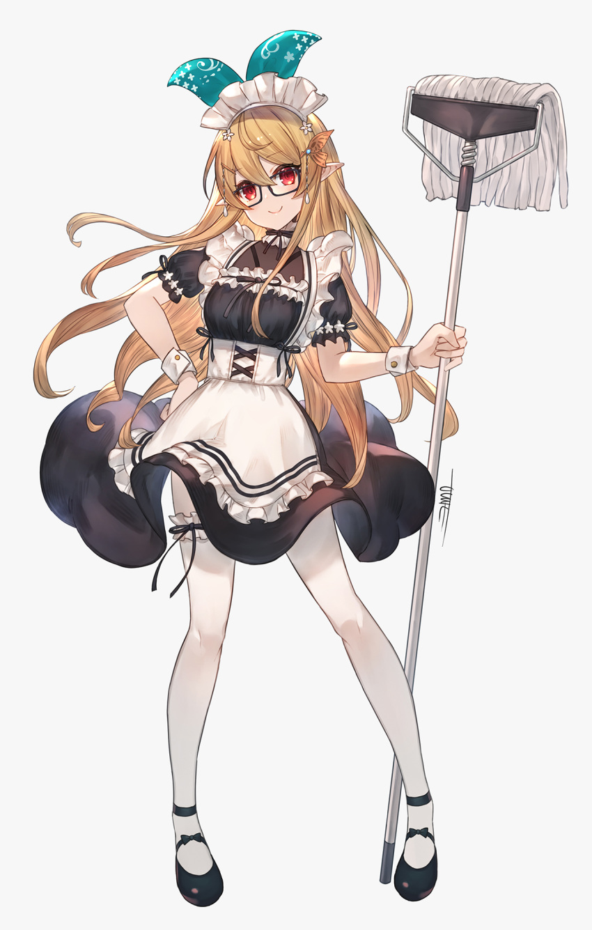 1girl alternate_costume apron bespectacled black_dress blonde_hair breasts contrapposto dress enmaided flower framed_breasts frilled_apron frills full_body glasses green_ribbon hair_flower hair_ornament hair_ribbon hairclip hand_on_hip highres holding holding_mop jun_wei legs long_hair looking_at_viewer maid maid_apron maid_headdress mary_janes medium_breasts mop nijisanji nijisanji_en pointy_ears pomu_rainpuff puffy_sleeves red_eyes ribbon shoes signature smile solo standing thigh-highs virtual_youtuber white_background white_legwear wrist_cuffs