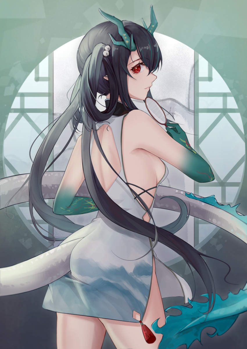 1girl alternate_costume alternate_hairstyle arknights ass bangs bare_shoulders black_hair breasts cellphone china_dress chinese_clothes closed_mouth colored_skin cowboy_shot dragon_girl dragon_horns dragon_tail dress dusk_(arknights) eyebrows_visible_through_hair from_behind gradient_skin green_hair green_skin hair_rings highres holding horns looking_at_viewer looking_back multicolored_hair nekonomi phone pointy_ears red_eyes round_window side_slit sideboob sleeveless sleeveless_dress smartphone smile solo streaked_hair tail tail_through_clothes tassel two-tone_hair white_dress window
