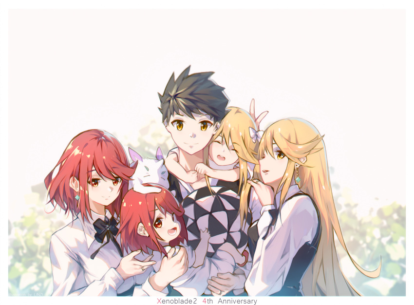 4girls anniversary azurda_(xenoblade) blonde_hair brown_hair child copyright_name earrings family formal good_end happy highres holding_person if_they_mated jewelry linzi looking_at_viewer multiple_girls mythra_(xenoblade) polygamy pyra_(xenoblade) redhead rex_(xenoblade) upper_body xenoblade_chronicles_(series) xenoblade_chronicles_2