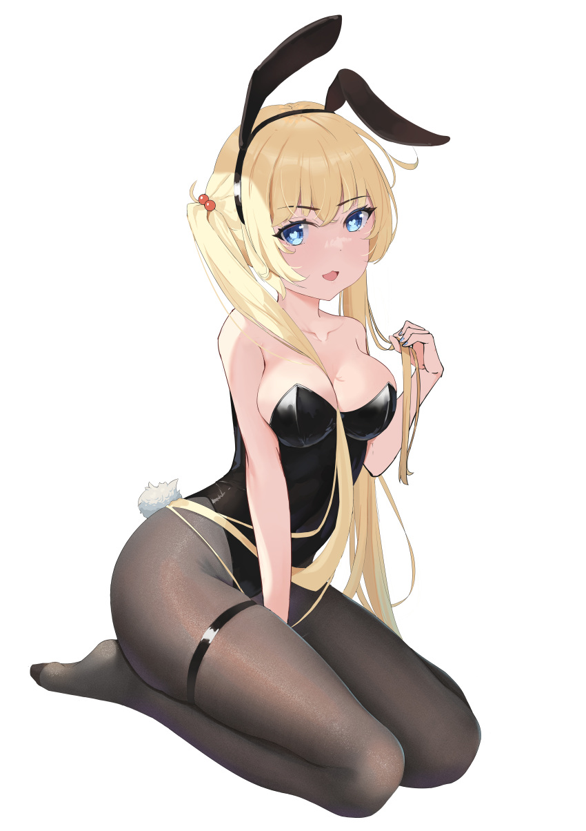 1girl :d absurdres animal_ears bangs bare_arms bare_shoulders between_legs black_legwear black_leotard blonde_hair blue_eyes blue_nails blush breasts collarbone eyebrows_visible_through_hair fake_animal_ears fake_tail fingernails hair_between_breasts hair_twirling hand_between_legs hand_up heart heart_in_eye highleg highleg_leotard highres leotard long_hair looking_at_viewer medium_breasts no_shoes open_mouth original pantyhose playboy_bunny rabbit_ears rabbit_tail seiza shiny shiny_clothes shiny_legwear simple_background sitting smile solo strapless strapless_leotard symbol_in_eye tail thigh_strap twintails wen3366