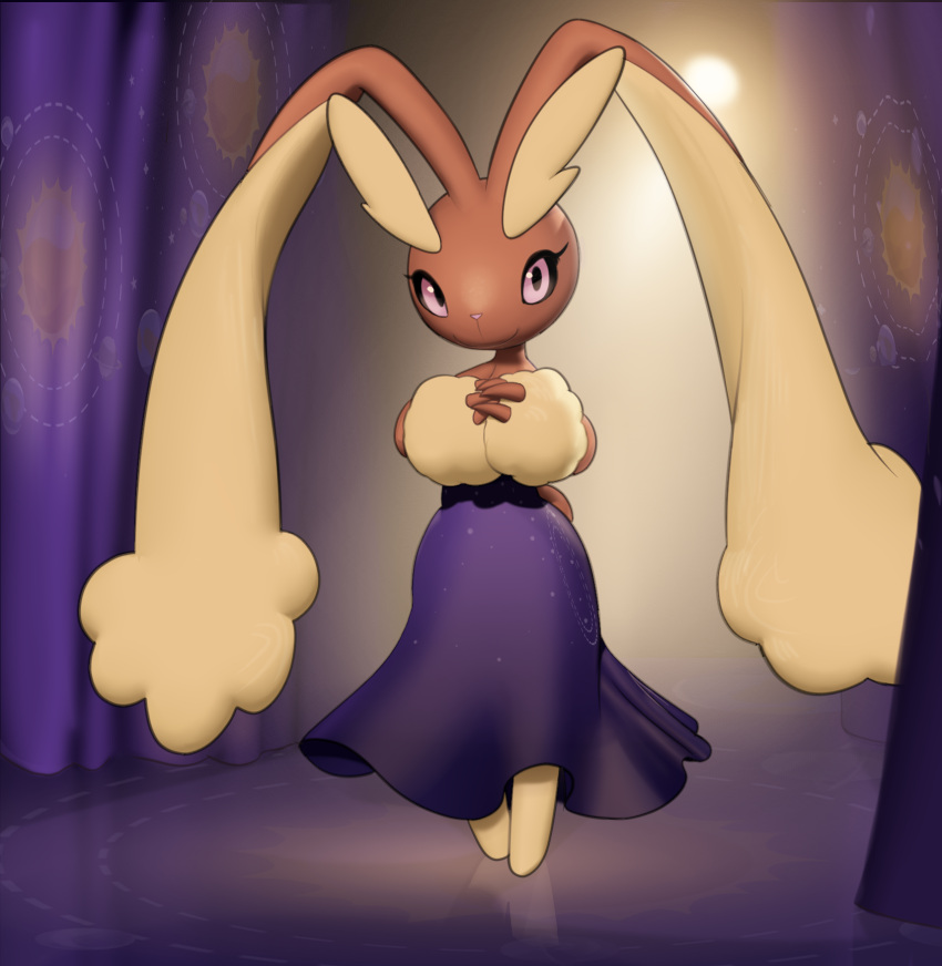 1girl animal_ears animal_nose black_sclera body_fur brown_fur closed_mouth clothed_pokemon colored_sclera commentary_request curtains dress full_body furry furry_female hands_up happy highres indoors inkune looking_at_viewer lopunny own_hands_together pink_eyes pokemon pokemon_(creature) purple_dress rabbit_ears rabbit_girl rabbit_tail reflective_floor smile solar_system solo standing strapless strapless_dress tail two-tone_fur yellow_fur
