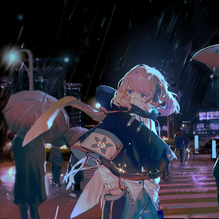 1girl 5others blue_eyes brown_hair building city commentary crosswalk flower_facial_mark grey_pants hand_in_pocket highres jacket lamppost lobelia_(saclia) looking_back medium_hair multiple_others night original pants poncho rain umbrella violet_eyes white_jacket