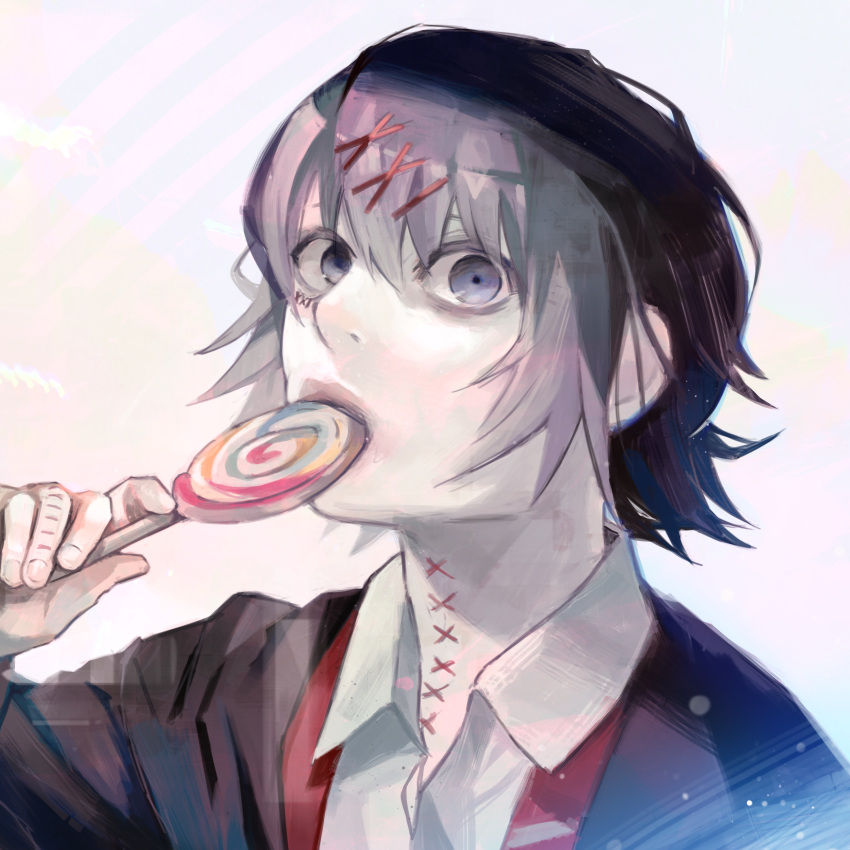 1boy absurdres bangs black_eyes candy food food_in_mouth grey_background hair_ornament hairclip hand_up highres holding holding_candy holding_food holding_lollipop kyuuba_melo lollipop male_focus portrait shiny shiny_hair shirt short_hair simple_background solo stitches suzuya_juuzou tokyo_ghoul x_hair_ornament