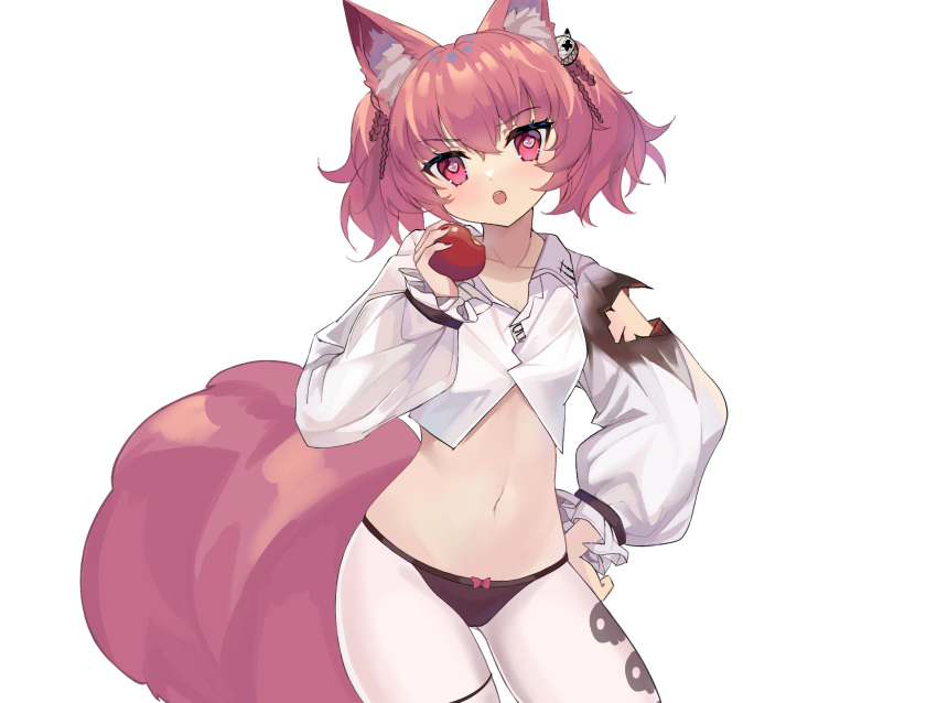 1girl :o animal_ear_fluff animal_ears apple arknights bangs black_panties collarbone commentary cowboy_shot crop_top eyebrows_visible_through_hair food fox_ears fox_tail fruit hair_ornament hand_on_hip hand_up head_tilt highres holding holding_food holding_fruit large_tail long_sleeves looking_at_viewer midriff navel open_mouth panties panties_over_pantyhose pantyhose pink_eyes pink_hair shamare_(arknights) shirt short_hair simple_background solo standing stomach tail thighs twintails underwear uuuu_(xinguwu) white_background white_legwear white_shirt