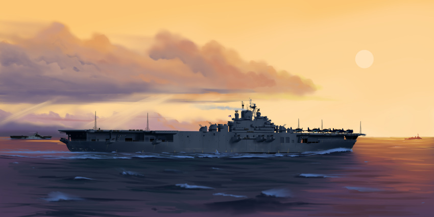 absurdres aircraft aircraft_carrier airplane american_flag clouds dazzle_paint destroyer highres military military_vehicle mo_yu_de_jiaozi ocean original ship sun sunset turret united_states_navy uss_lexington_(cv-16) warship water watercraft waves world_war_ii