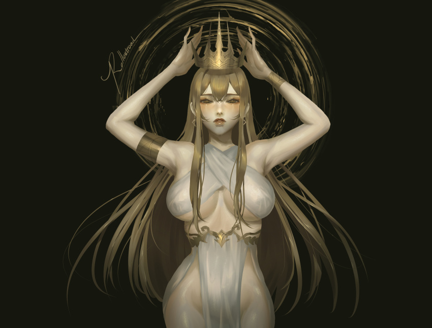 1girl bangs black_background blush bracelet breasts brown_eyes brown_hair covered_nipples crown earrings highres jewelry large_breasts long_hair looking_at_viewer open_hands original parted_lips pelvic_curtain roll_out_road solo under_boob very_long_hair