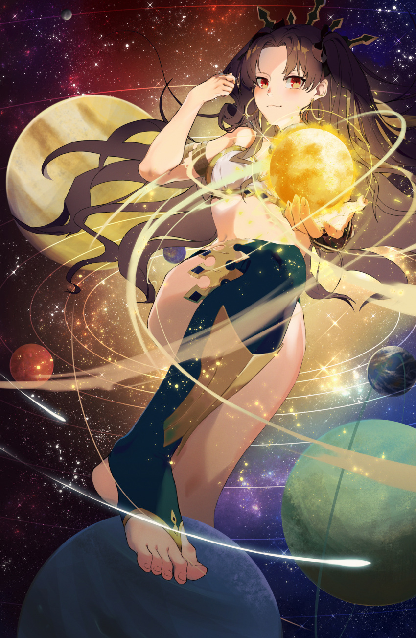 1girl absurdres bangs bare_shoulders blush breasts commentary earrings fate/grand_order fate_(series) fighting_stance giant giantess glowing hair_ribbon highres hoop_earrings ishtar_(fate) jewelry long_hair looking_at_viewer parted_bangs planetary_ring red_eyes ren_(rendrrr) ribbon single_thighhigh sky smile solo star_(sky) starry_sky thigh-highs two_side_up venus_(planet)