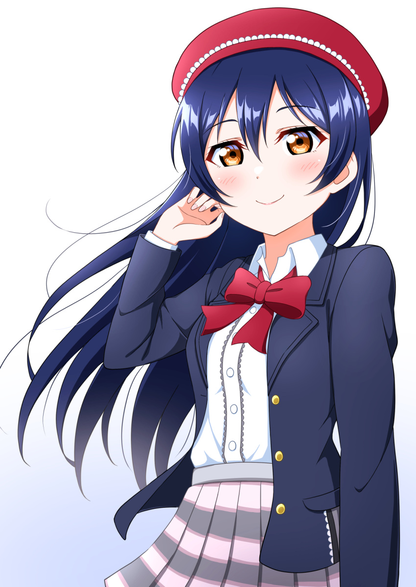 1girl arm_up bangs beret blue_hair blush eyebrows_visible_through_hair hand_on_own_face haruharo_(haruharo_7315) hat highres long_hair long_sleeves looking_at_viewer love_live! love_live!_school_idol_project neck_ribbon pleated_skirt red_ribbon ribbon school_uniform simple_background skirt smile solo sonoda_umi swept_bangs white_background yellow_eyes