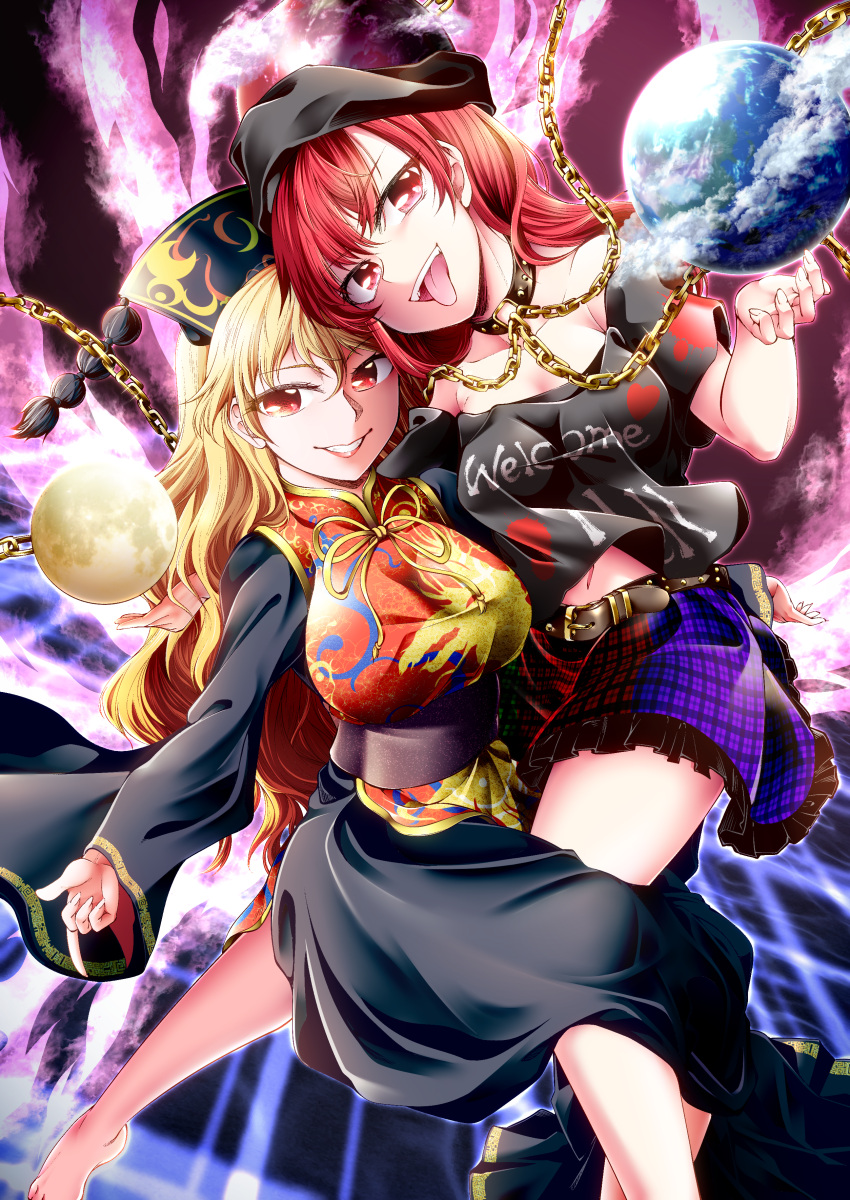 0-den 2girls absurdres aura bangs bare_shoulders barefoot belt black_choker blonde_hair blush bow bowtie brown_belt buckle chain choker clothes_writing collarbone commentary_request crescent dream_world_(touhou) dress earth_(ornament) english_text eyebrows_visible_through_hair fingernails floating floating_object fox_print fox_tail frilled_skirt frills gold_chain grid_background grin hair_between_eyes hat hecatia_lapislazuli highres junko_(touhou) legs light lips long_hair medium_hair moon_(ornament) multicolored_clothes multicolored_skirt multiple_girls navel off-shoulder_shirt off_shoulder orange_hair outstretched_arms phoenix_crown polos_crown pom_pom_(clothes) red_eyes redhead shirt skirt smile striped striped_skirt t-shirt tabard tail teeth tongue tongue_out touhou upper_teeth wide_sleeves