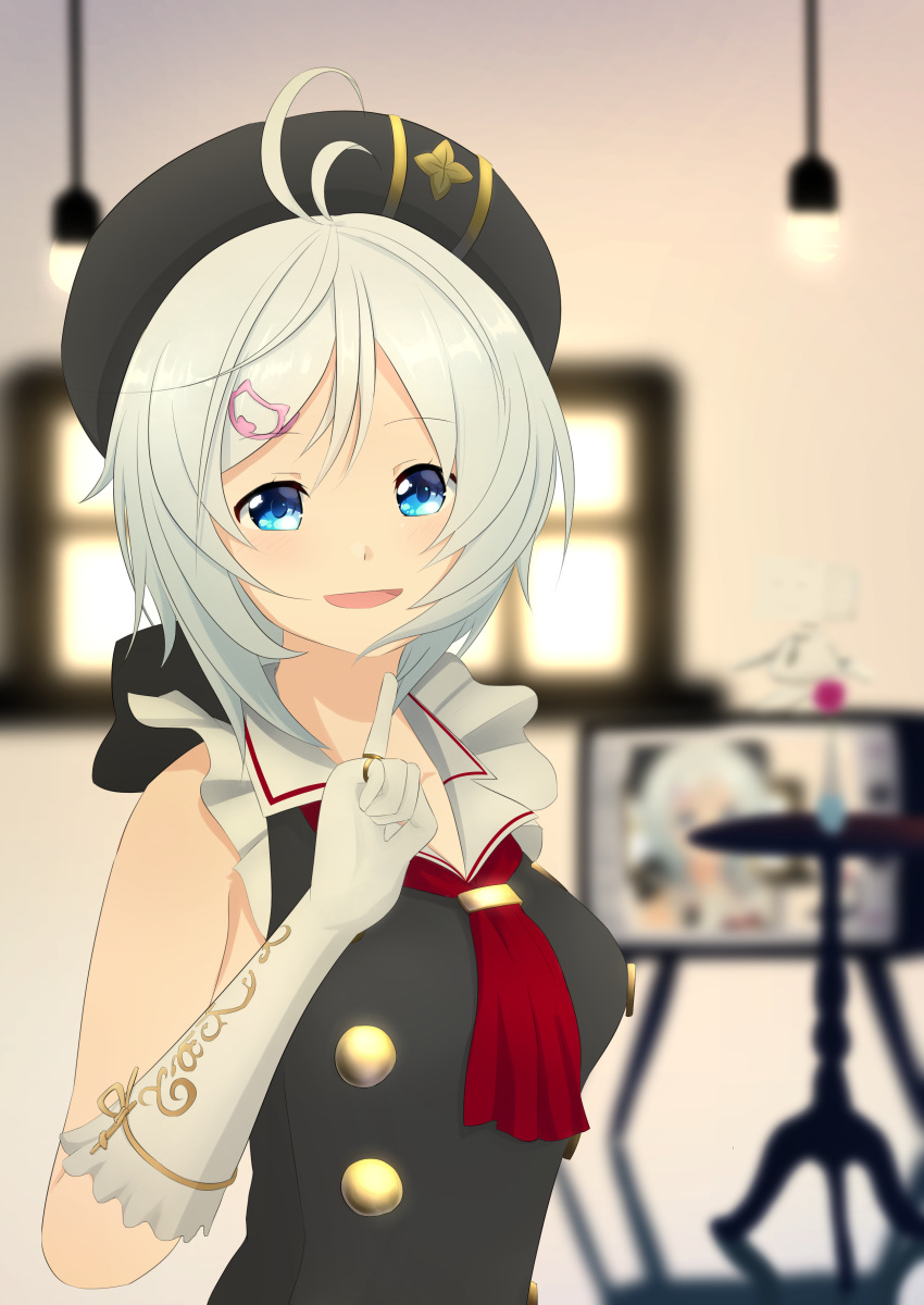 1girl :d absurdres antenna_hair bangs beret black_dress black_headwear blue_eyes blurry blurry_background breasts cat_hair_ornament choco_(chocovix112) collarbone dennou_shoujo_youtuber_siro depth_of_field dress elbow_gloves eyebrows_visible_through_hair gloves hair_ornament hand_up hat highres looking_at_viewer medium_breasts parted_bangs red_neckwear silver_hair siro_(dennou_shoujo_youtuber_siro) sleeveless sleeveless_dress smile solo table television virtual_youtuber white_gloves window