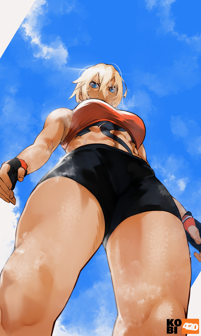 1girl abs absurdres artist_name black_shorts blonde_hair blue_eyes blue_sky clouds commentary commission day fingerless_gloves from_below gloves hair_between_eyes highres kobi420 muscular muscular_female original short_hair shorts sky sports_bra standing steaming_body stomach_tattoo sweat tattoo