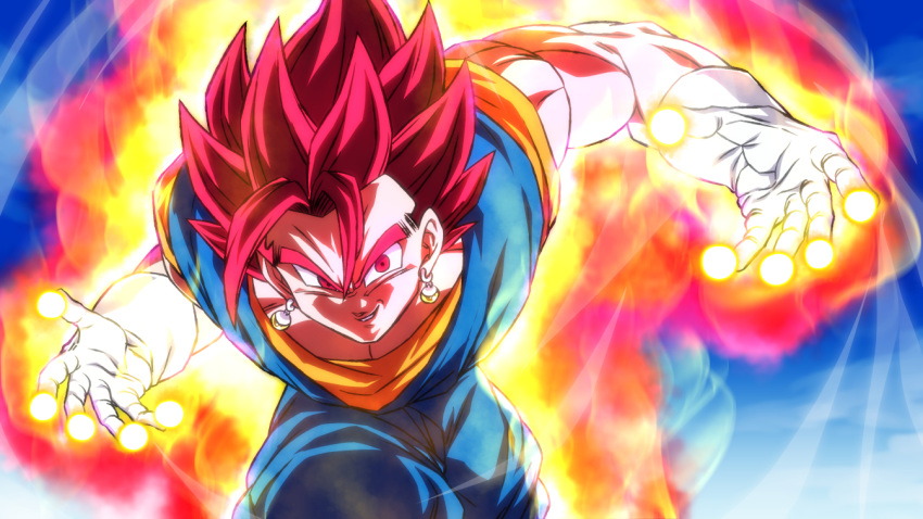 1boy aura blue_sky dougi dragon_ball dragon_ball_super earrings gloves jewelry looking_at_viewer male_focus potara_earrings red_eyes redhead rom_(20) sky smile solo spiky_hair super_saiyan super_saiyan_god vegetto white_gloves