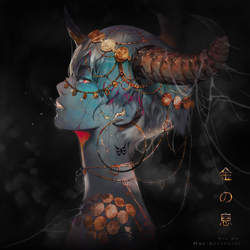 1girl artist_name bangs black_background blue_hair blue_skin coin_(ornament) colored_skin commentary cracked_skin drooling earrings english_commentary from_side glowing head_chain highres hoop_earrings horn_ornament horns jewelry looking_at_viewer makushiro neck_tattoo necklace oni oni_horns original parted_lips portrait profile red_eyes saliva short_hair sideways_glance silk simple_background smoke solo spider_web string tattoo white_hair