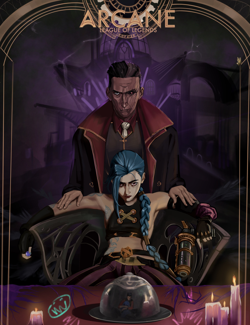 1boy 1girl absurdres arcane:_league_of_legends bangs bare_shoulders belt black_headwear black_jacket black_pants black_sclera braid breasts candle chair chuanshuo_zhong_de_wu_jiu closed_mouth cloud_tattoo coat coat_collar_up collared_coat colored_sclera copyright_name crop_top father_and_daughter fingerless_gloves fully_clothed gloves green_hair gun highres holding holding_gun holding_weapon hug jacket jinx_(league_of_legends) league_of_legends long_hair looking_at_viewer mouth open_clothes open_jacket pants pink_pants powder_(arcane) red_jacket red_lips red_shirt reflection shiny shiny_hair shirt shirt_collar_down short_hair shoulder_tattoo silco_(arcane) single_braid sitting small_breasts smile striped striped_pants tattoo weapon