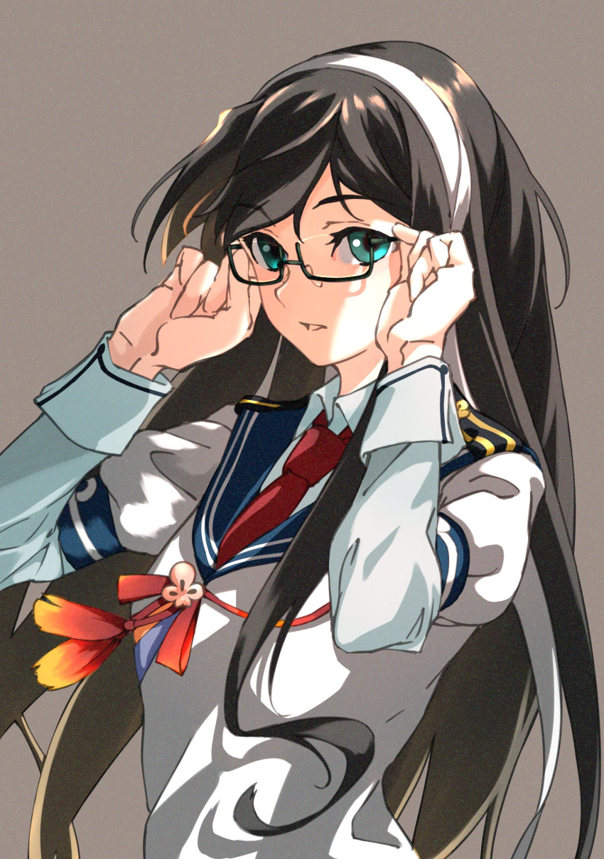 1girl absurdres adjusting_eyewear armband black-framed_eyewear black_hair commentary epaulettes glasses green_eyes hairband highres juliet_sleeves kantai_collection long_hair long_sleeves looking_at_viewer ooyodo_(kancolle) parted_lips puffy_sleeves school_uniform semi-rimless_eyewear serafuku simple_background solo tanabe_(fueisei) under-rim_eyewear upper_body white_hairband