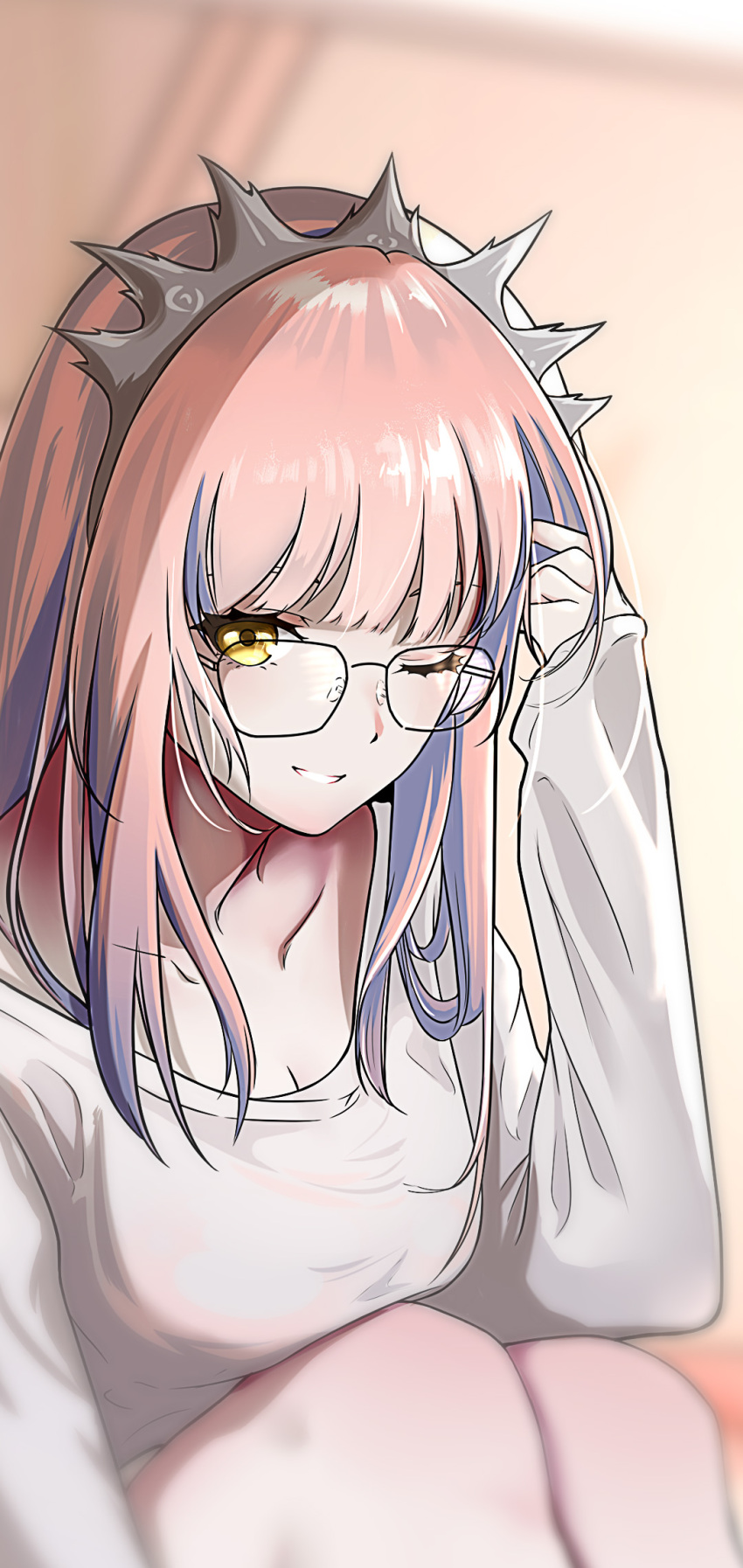 1girl breasts commentary_request fate/grand_order fate_(series) glasses hand_in_hair highres long_hair long_sleeves looking_at_viewer medb_(fate) medium_breasts one_eye_closed pink_hair shirt sitting smile solo tiara valkyrierei white_shirt yellow_eyes