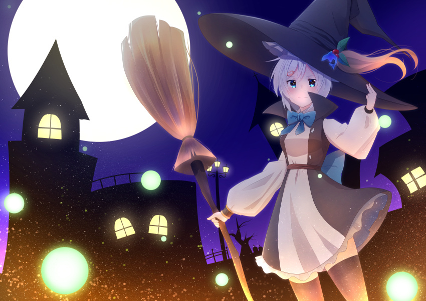 1girl absurdres bangs bare_tree black_headwear black_legwear blue_bow bow breasts broom choco_(chocovix112) closed_mouth commentary_request dennou_shoujo_youtuber_siro dress full_moon green_eyes halloween hand_up hat highres holding holding_broom lamppost long_sleeves looking_at_viewer medium_breasts moon parted_bangs puffy_long_sleeves puffy_sleeves siro_(dennou_shoujo_youtuber_siro) smile solo thigh-highs tree virtual_youtuber white_dress white_hair witch_hat
