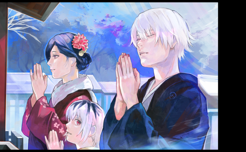 1boy 2girls absurdres black_hair black_nails blue_hair child closed_eyes closed_mouth family father_and_daughter flower from_side hair_flower hair_ornament highres husband_and_wife japanese_clothes kaneki_ichika kaneki_ken kimono kirishima_touka kyuuba_melo looking_at_viewer mother_and_daughter multicolored_hair multiple_girls nail_polish outdoors praying red_eyes red_flower shiny shiny_hair short_hair shrine smile tokyo_ghoul tokyo_ghoul:re tree two-tone_hair white_hair