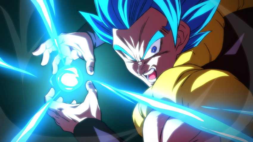 1boy blue_eyes blue_hair derivative_work dragon_ball dragon_ball_super dragon_ball_super_broly energy_ball gogeta incoming_attack kamehameha male_focus metamoran_vest open_mouth rom_(20) screencap_redraw solo super_saiyan super_saiyan_blue