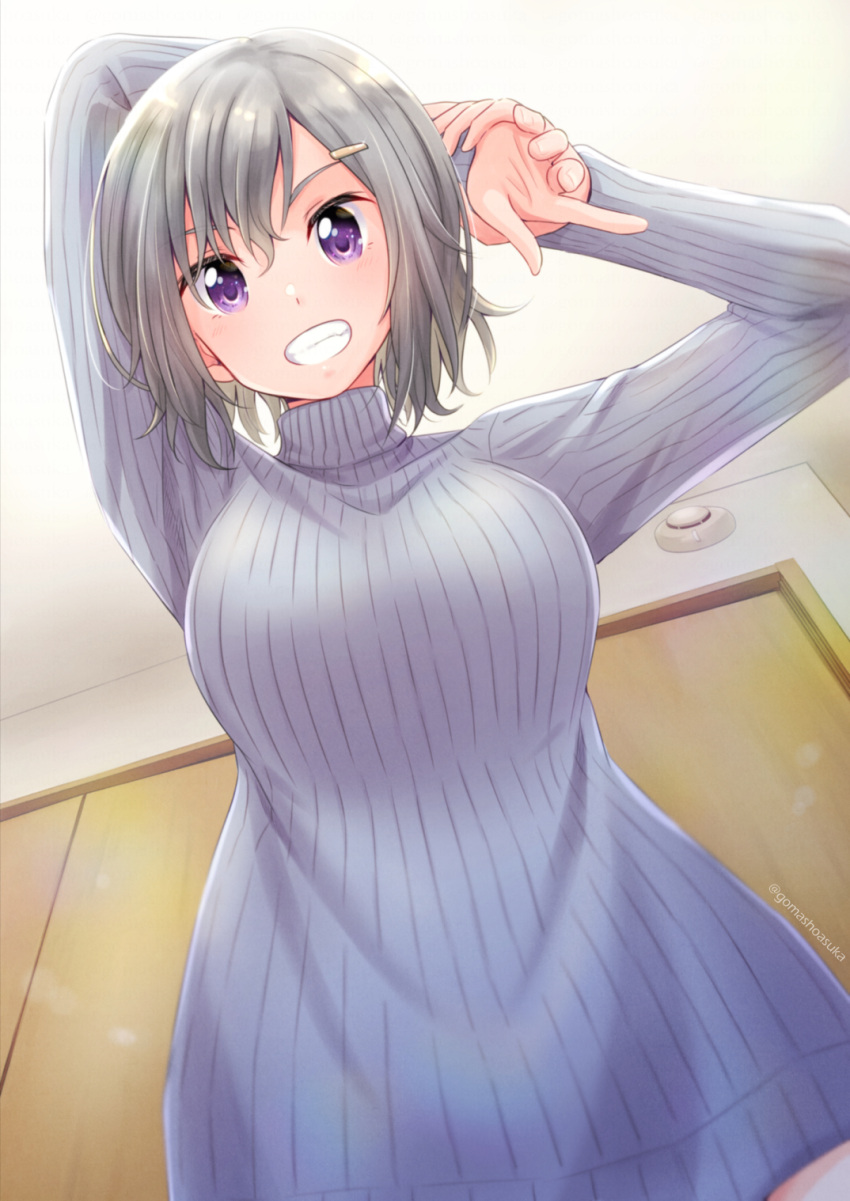 1girl arms_up from_below gomashio_star grey_hair grey_sweater hair_ornament hairclip highres indoors long_sleeves looking_at_viewer original ribbed_sweater short_hair smile sweater violet_eyes