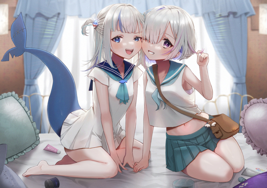 2girls :d alternate_costume amane_kanata ascot bag bangs bare_arms bare_legs barefoot blue_ascot blue_eyes blue_hair bra bra_peek cheek-to-cheek color_connection commentary_request curtains dress fish_tail frilled_pillow frills gawr_gura green_skirt grin hair_color_connection hair_over_one_eye heads_together highres hololive hololive_english indoors long_hair looking_at_viewer midair multicolored_hair multiple_girls navel nekokusa5 on_bed one_eye_closed pillow pink_eyes pink_hair pleated_dress pleated_skirt sailor_dress shark_tail sharp_teeth shirt short_hair short_sleeves shoulder_bag sitting skirt sleeveless sleeveless_shirt smile streaked_hair tail teeth two-tone_hair two_side_up underwear virtual_youtuber white_hair window