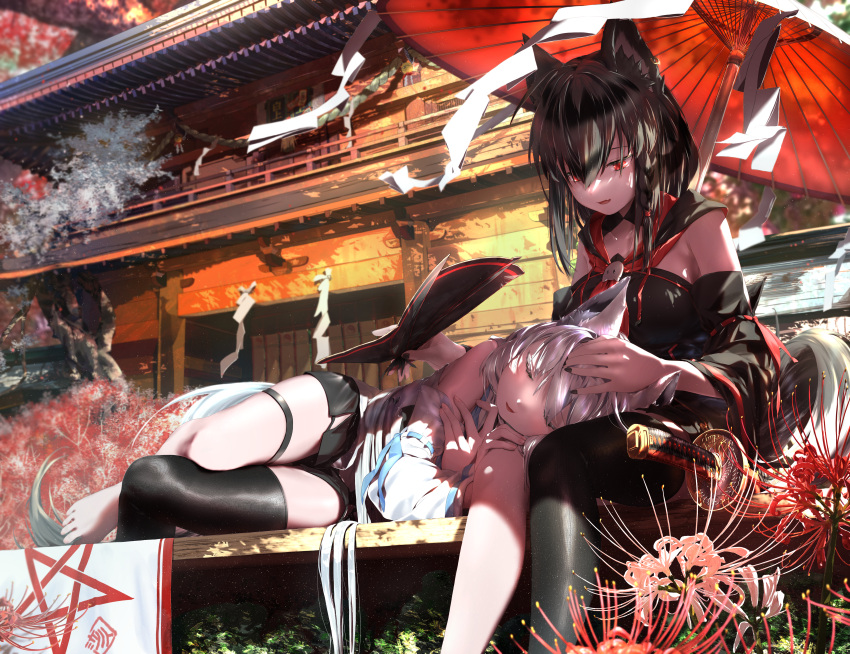 2girls absurdres animal_ear_fluff animal_ears architecture bangs barefoot black_hair black_legwear black_nails black_shirt boots building closed_eyes commentary_request day detached_sleeves east_asian_architecture fang flower fox_ears fox_girl fox_tail hair_between_eyes hand_on_another's_knee headpat highres hololive kurokami_fubuki lap_pillow long_hair long_sleeves looking_at_another lying multiple_girls nail_polish oil-paper_umbrella on_side outdoors parted_lips red_eyes red_flower shirakami_fubuki shirt silver_hair single_thighhigh sitting skin_fang sleeping spider_lily sword tail thigh-highs thigh_boots umbrella virtual_youtuber weapon white_shirt yorishiro_tsuki