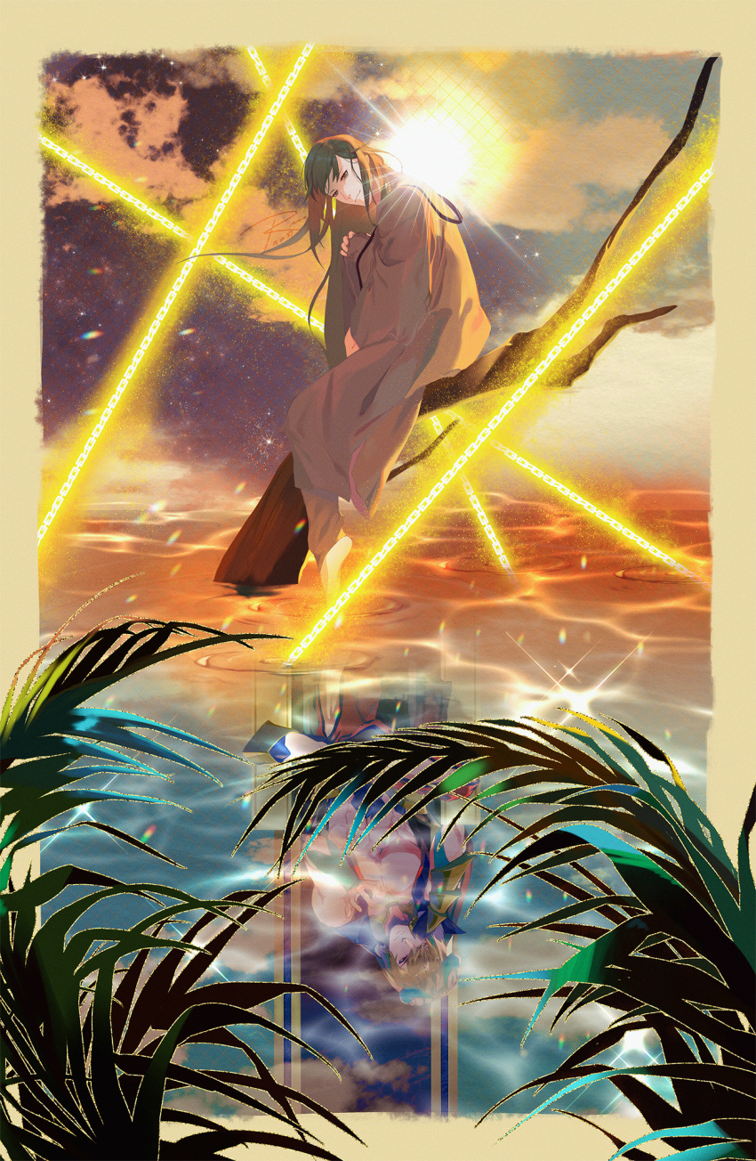 1boy androgynous branch clouds cloudy_sky enkidu_(fate) enkidu_(weapon)_(fate) fate/grand_order fate/strange_fake fate_(series) full_body gilgamesh_(caster)_(fate) gilgamesh_(fate) green_eyes green_hair head_tilt highres leaning_to_the_side long_hair looking_at_viewer male_focus reflection ren_(rendrrr) robe sky smile solo sun throne water