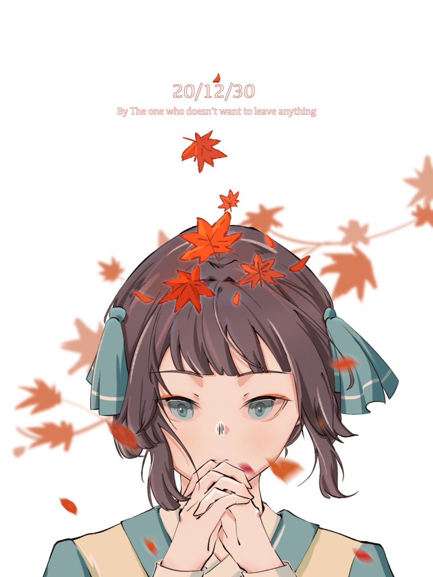 1girl aqua_eyes autumn_leaves bangs black_hair dated english_text hands_up highres illione527 lanxi_zhen leaf li_qingning_(the_legend_of_luoxiaohei) own_hands_together simple_background solo the_legend_of_luo_xiaohei upper_body white_background
