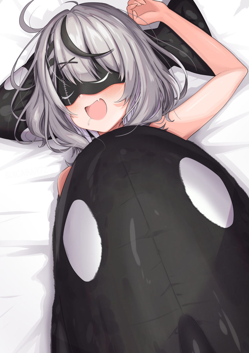 1girl absurdres ahoge animal_pillow arm_up bangs bare_arms bed_sheet black_hair blush braid commentary_request eye_mask fang hair_ornament highres hololive lying medium_hair multicolored_hair on_back on_bed open_mouth sakamata_chloe saliva silver_hair skin_fang sleeping solo streaked_hair stuffed_orca suicabar72 virtual_youtuber x_hair_ornament
