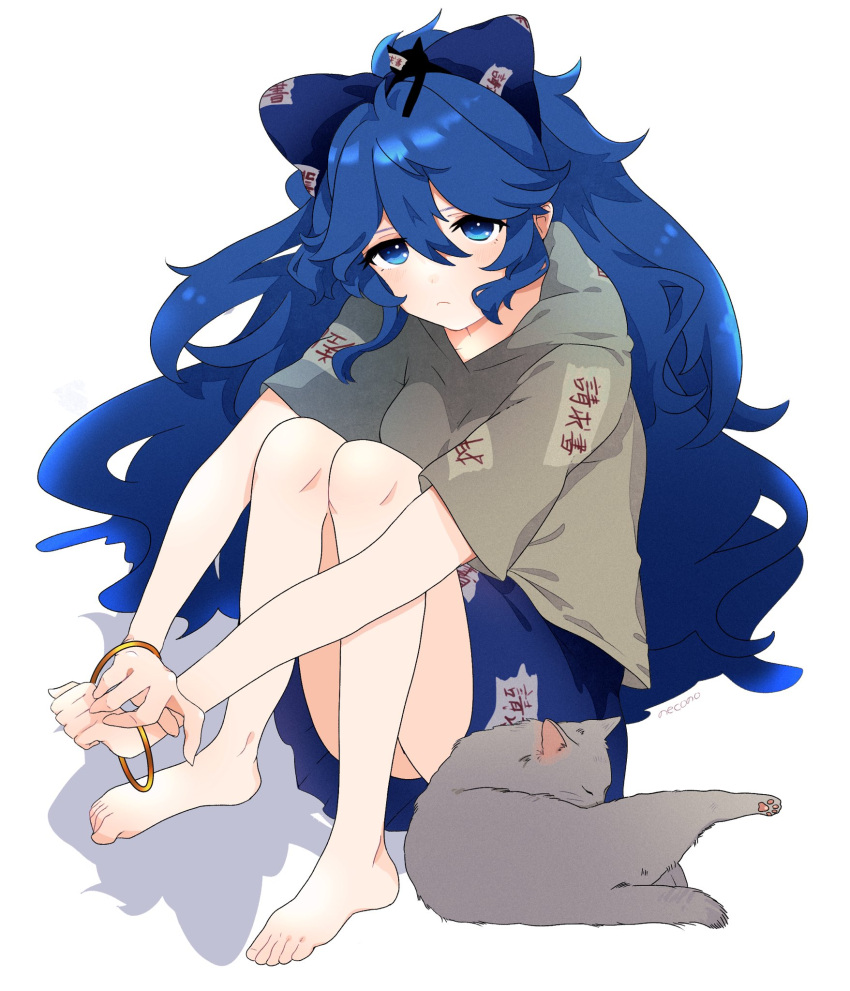 1girl :&lt; ahoge animal_ears bangle bangs barefoot blue_bow blue_eyes blue_hair blue_skirt blush bow bracelet breasts cat cat_ears cat_tail closed_mouth commentary_request debt expressionless eyelashes feet grey_hoodie hair_between_eyes hair_bow hands highres hood hoodie jewelry knees licking long_hair looking_at_viewer medium_breasts necono_(nyu6poko) on_head shadow shiny shiny_hair short_sleeves sidelocks simple_background sitting skirt solo stuffed_animal stuffed_cat stuffed_toy tail toes touhou wavy_hair white_background yorigami_shion