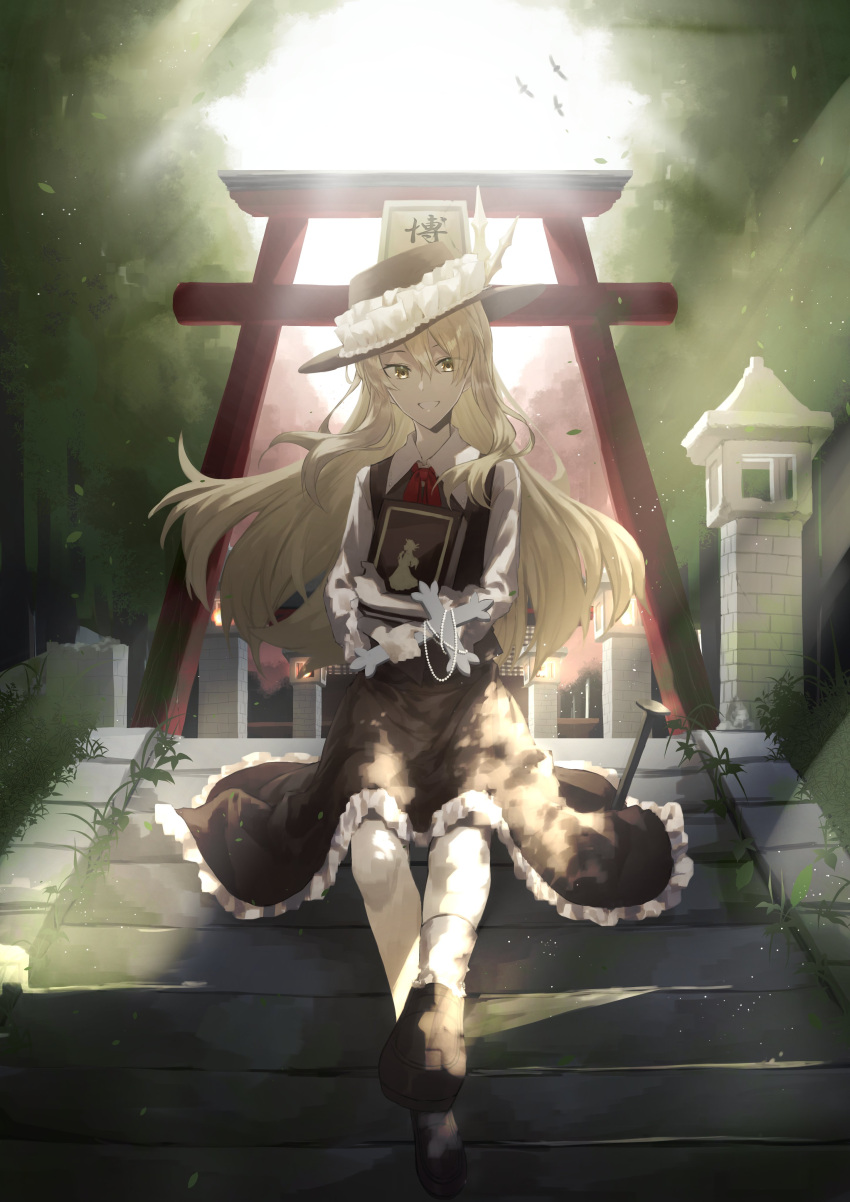 1girl absurdres black_footwear blonde_hair book brown_headwear brown_skirt brown_vest collared_shirt commentary_request cross frilled_hat frilled_skirt frills happy hat hat_feather highres holding holding_book holding_cross jacket_girl_(dipp) long_hair long_sleeves otoshiro_kosame outdoors red_neckwear red_ribbon ribbon shirt sitting skirt stake torii touhou vest white_shirt yellow_eyes