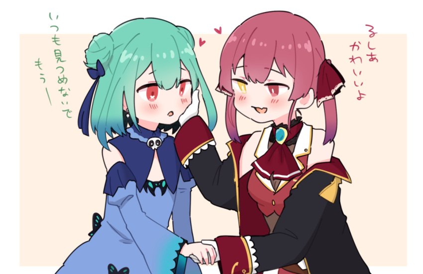 2girls black_jacket blue_dress check_translation detached_sleeves double_bun dress flat_chest gloves green_hair hand_grab hand_on_another's_cheek hand_on_another's_face heart heterochromia hololive houshou_marine jacket multiple_girls open_mouth red_eyes redhead sakana_(saka11205) smile translation_request twintails uruha_rushia virtual_youtuber white_gloves yellow_eyes